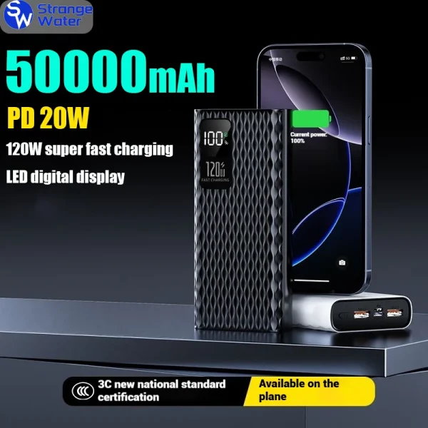 120W Super Fast Charging PowerBank 50000mAh High Capacity Power Bank Portable Digital Display Battery Charger For iPhone Xiaomi